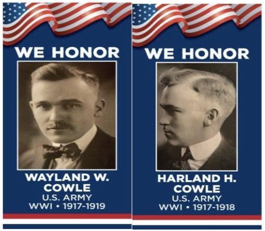 Sample Hometown Hero flags honoring Wayland W. Cowle and Harland H. Cowle, U.S. Army, WWI